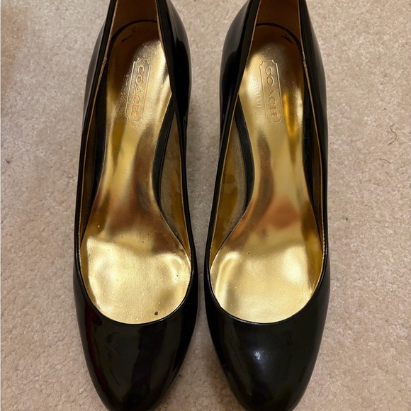 Coach Patent Black Leather Heels with Gold Interior - Picture 2 of 8